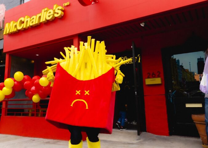 Photo shows a Mr Charlie's French fries mascot posing outside a recently opened branch of the "vegan McDonald's" in Los Angeles, California