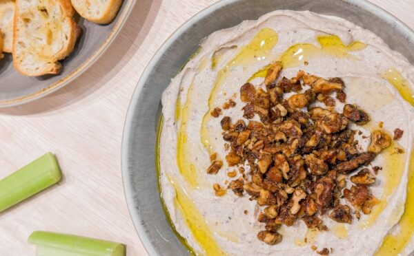 whipped tofu and rosemary walnut dip with toasted walnuts on top