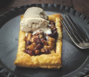 apple paht red bean tarts with vegan puff pastry, walnuts, red bean paste, apple, and vegan vanilla ice cream