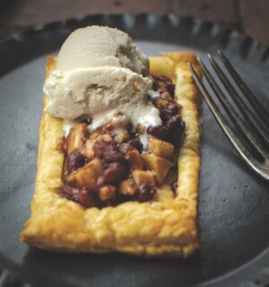 apple paht red bean tarts with vegan puff pastry, walnuts, red bean paste, apple, and vegan vanilla ice cream