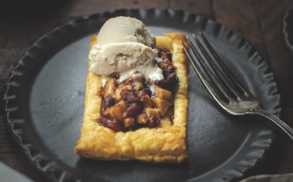 apple paht red bean tarts with vegan puff pastry, walnuts, red bean paste, apple, and vegan vanilla ice cream