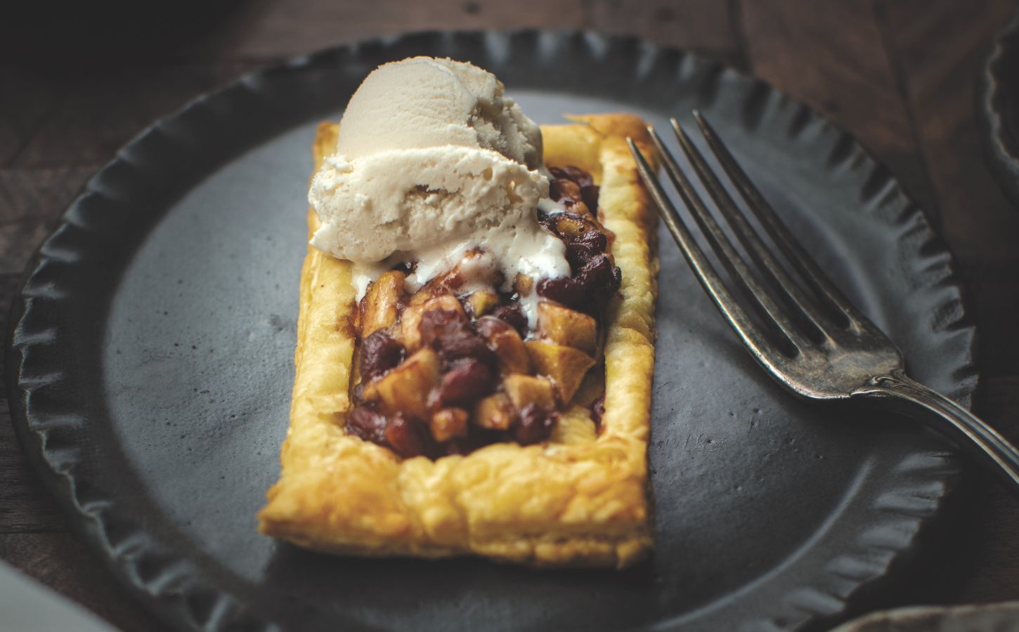 apple paht red bean tarts with vegan puff pastry, walnuts, red bean paste, apple, and vegan vanilla ice cream