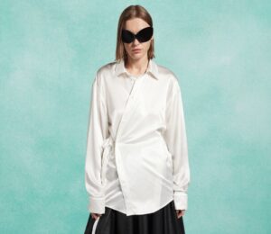 Photo shows one of the new outfits in the Balenciaga spring 2026 line, made with bioengineered silk from AMSilk