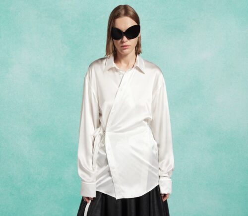 Photo shows one of the new outfits in the Balenciaga spring 2026 line, made with bioengineered silk from AMSilk