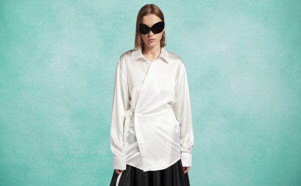 Photo shows one of the new outfits in the Balenciaga spring 2026 line, made with bioengineered silk from AMSilk