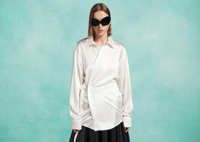 Photo shows one of the new outfits in the Balenciaga spring 2026 line, made with bioengineered silk from AMSilk