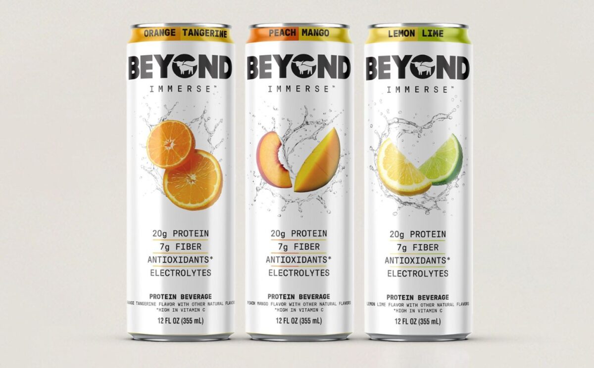 Photo shows the three new flavors of Beyond Immerse, a sparkling fruit flavored drink and the first product from Beyond Meat that isn't an alternative protein