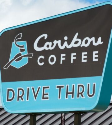 Photo shows the sign of a Caribou Coffee Drive Thru store. Caribou Coffee just announced that it will be scrapping its plant-based milk surcharge going forward