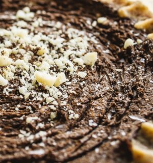 chocolate cream pie with avocado, nuts, cocoa, and dates
