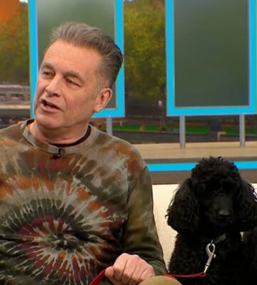 Photo shows Chris Packham, left, and his dogs Sid and Nancy, right, in a recent appearance on 'Good Morning Britain,' where Packham explained why his dogs were following a plant-based diet for Veganuary