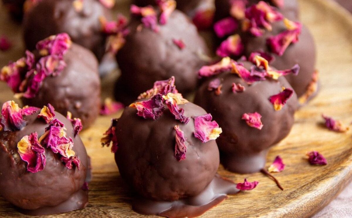 an arrangement of cranberry chocolate truffles for a sweet vegan Valentine's Day