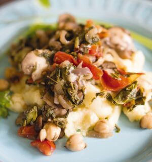 creamy polenta with mushrooms, kale, and chickpeas
