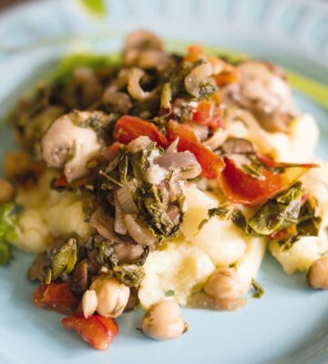 creamy polenta with mushrooms, kale, and chickpeas