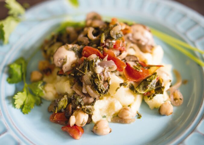 creamy polenta with mushrooms, kale, and chickpeas