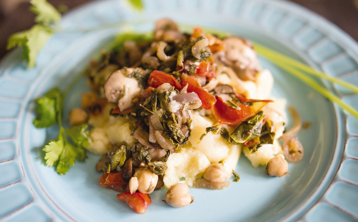 creamy polenta with mushrooms, kale, and chickpeas