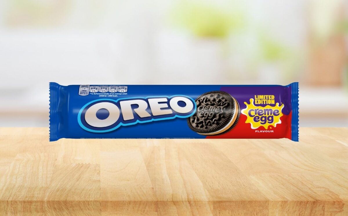 Photo shows the new Creme Egg flavored Oreos against a stock kitchen worktop background. The new cookies are "accidentally" vegan, in that they do not contain any animal ingredients but are not officially certified, due to the risk of contamination