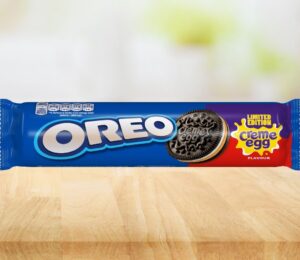 Photo shows the new Creme Egg flavored Oreos against a stock kitchen worktop background. The new cookies are "accidentally" vegan, in that they do not contain any animal ingredients but are not officially certified, due to the risk of contamination