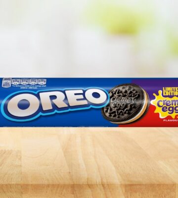 Photo shows the new Creme Egg flavored Oreos against a stock kitchen worktop background. The new cookies are "accidentally" vegan, in that they do not contain any animal ingredients but are not officially certified, due to the risk of contamination