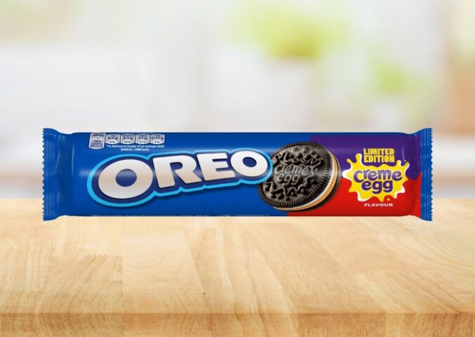 Photo shows the new Creme Egg flavored Oreos against a stock kitchen worktop background. The new cookies are "accidentally" vegan, in that they do not contain any animal ingredients but are not officially certified, due to the risk of contamination