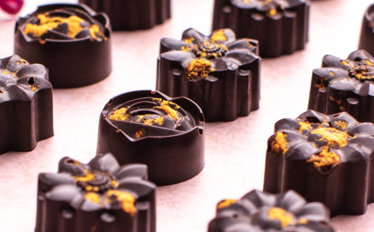 dark chocolate chili and orange flowers for sweet vegan Valentine's Day