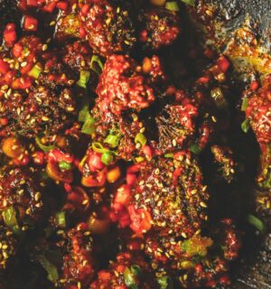 firecracker broccoli with gochujang, garlic, scallions, and soy sauce
