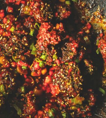 firecracker broccoli with gochujang, garlic, scallions, and soy sauce