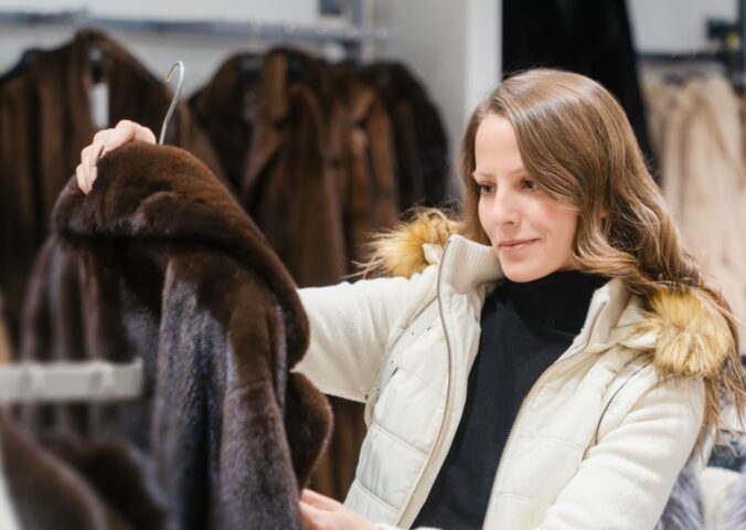 Photo shows a woman holding up a fur coat in a store that sells a lot of fur-related fashion. According to PETA UK, here's how to tell the difference between faux fur and the real thing.