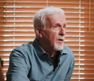 Photo shows James Cameron being interviewed by Graham Bensinger on his show, 'In Depth with Graham Bensinger,' where the filmmaker discussed his plant-based diet