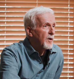Photo shows James Cameron being interviewed by Graham Bensinger on his show, 'In Depth with Graham Bensinger,' where the filmmaker discussed his plant-based diet