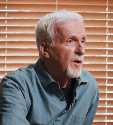 Photo shows James Cameron being interviewed by Graham Bensinger on his show, 'In Depth with Graham Bensinger,' where the filmmaker discussed his plant-based diet