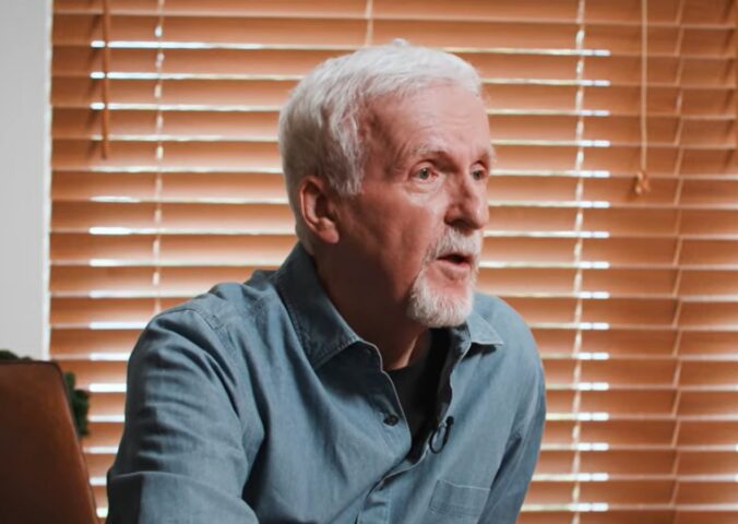 Photo shows James Cameron being interviewed by Graham Bensinger on his show, 'In Depth with Graham Bensinger,' where the filmmaker discussed his plant-based diet