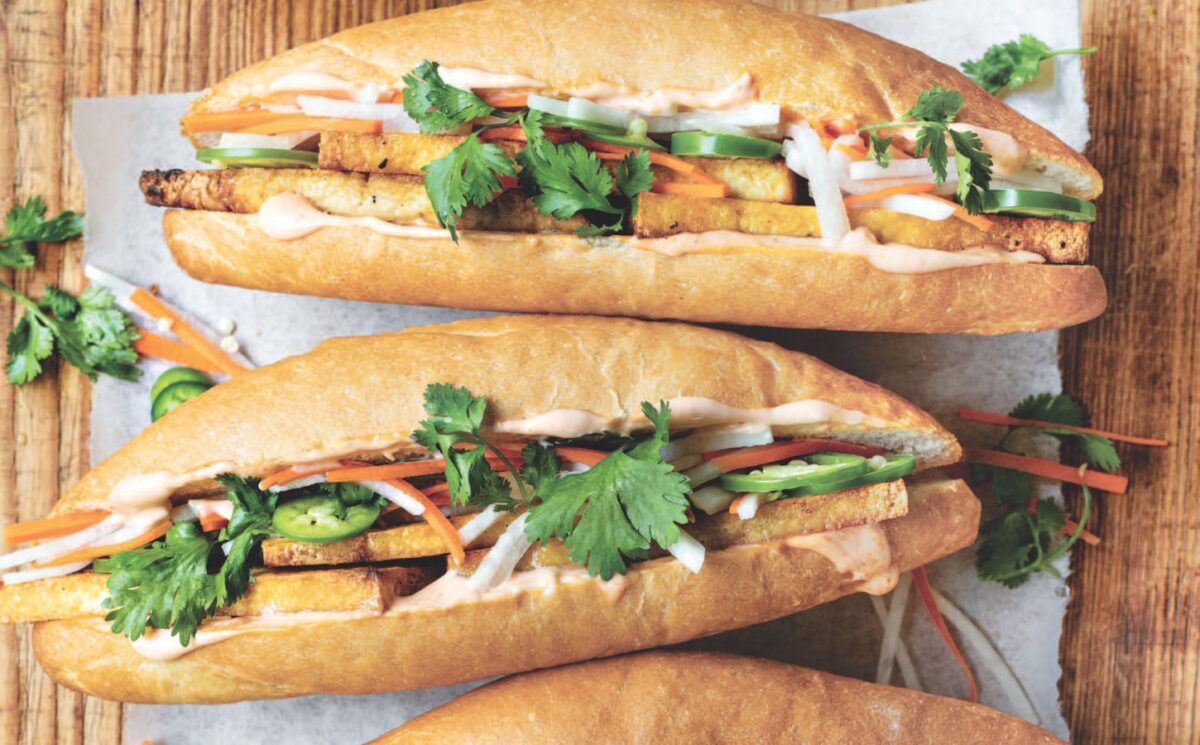 photo shows a lemongrass tofu bánh mì for easy Veganuary lunches