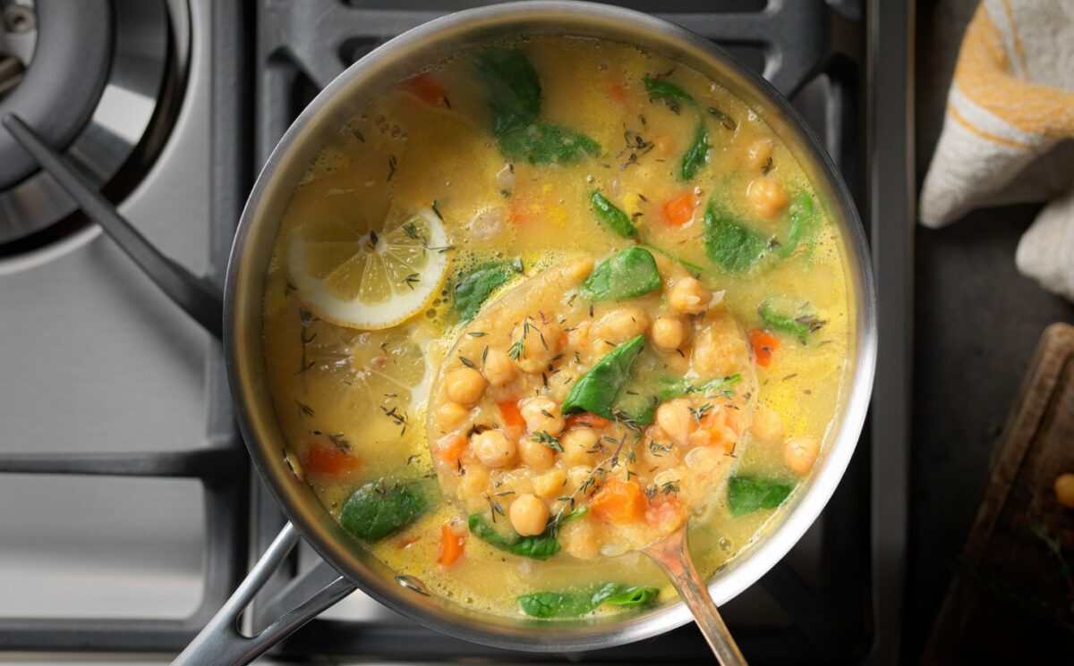 a pot of chickpea and vegetable soup for nourishing one pot meals