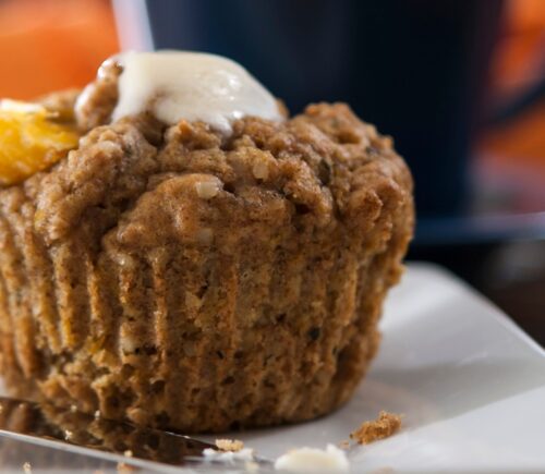 orange muffins with ginger and hemp hearts with spelt flour and demerara sugar