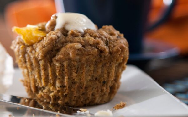 orange muffins with ginger and hemp hearts with spelt flour and demerara sugar