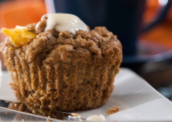 orange muffins with ginger and hemp hearts with spelt flour and demerara sugar