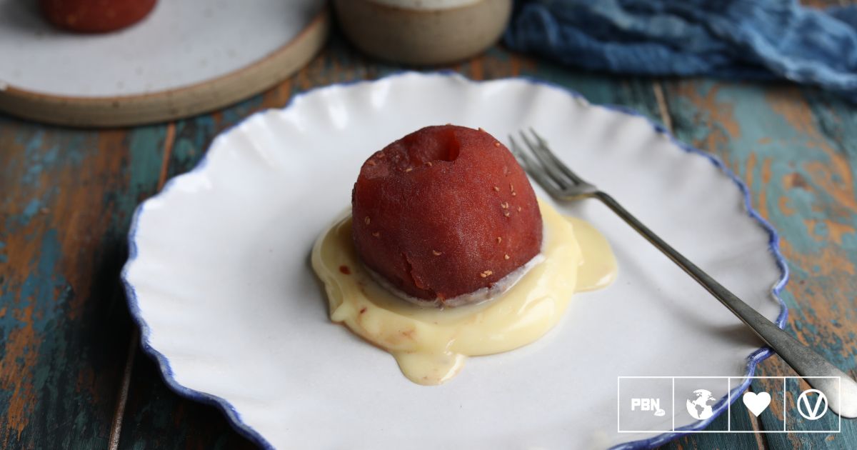 Vegan Poached Raspberry Apple With White Chocolate Sauce