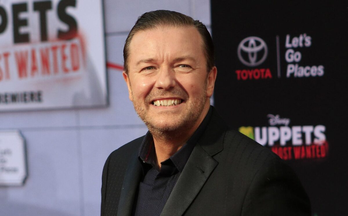 Photo shows Ricky Gervais at at the premiere of 2014's 'Muppets Most Wanted' at the El Capitan Theater in Los Angeles. Ricky Gervais recently appeared on the Romesh Ranganathan Show, where the vegan comedians discussed Gervais's recent donation of £2.5 million to various animal charities