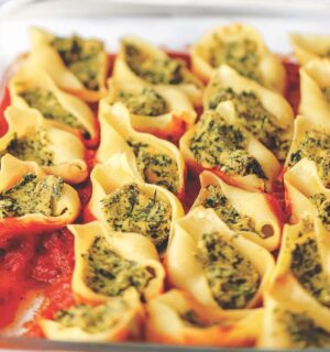 jumbo ricotta and spinach stuffed shells with tofu ricotta, onion, basil, olive oil, and vegan parm