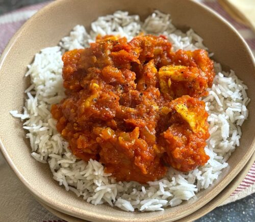 rustic red sauce tofu with warm spices