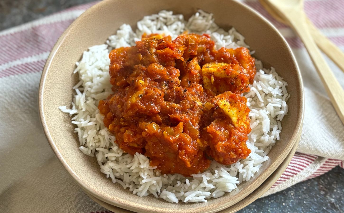 rustic red sauce tofu with warm spices