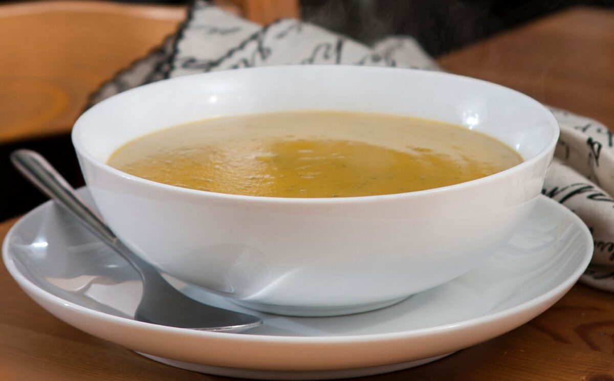 hearty split pea soup with carrots, dark leafy greens, and smoked paprika