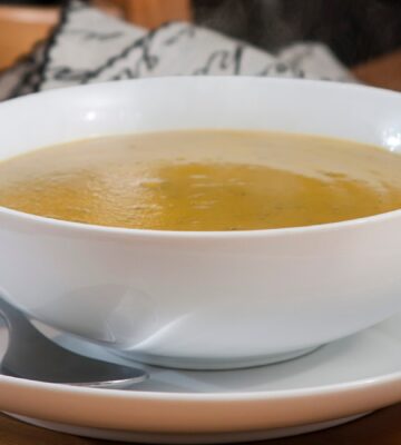 hearty split pea soup with carrots, dark leafy greens, and smoked paprika