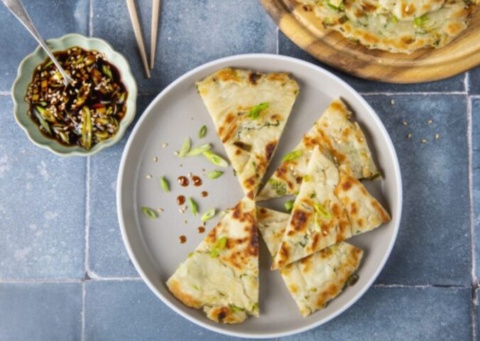 easy vegan spring onion pancakes made with maple syrup, spring onion, and sesame oil in a simple dough