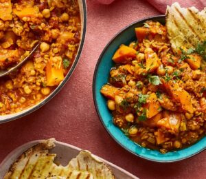 squash, lentil, and apricot one-pot stew with chickpeas, spices, and basmati rice for nourishing one pot meals
