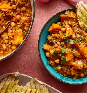 squash, lentil, and apricot one-pot stew with chickpeas, spices, and basmati rice for nourishing one pot meals