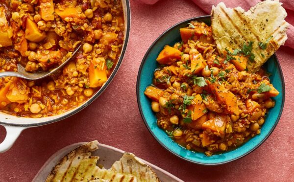 squash, lentil, and apricot one-pot stew with chickpeas, spices, and basmati rice for nourishing one pot meals
