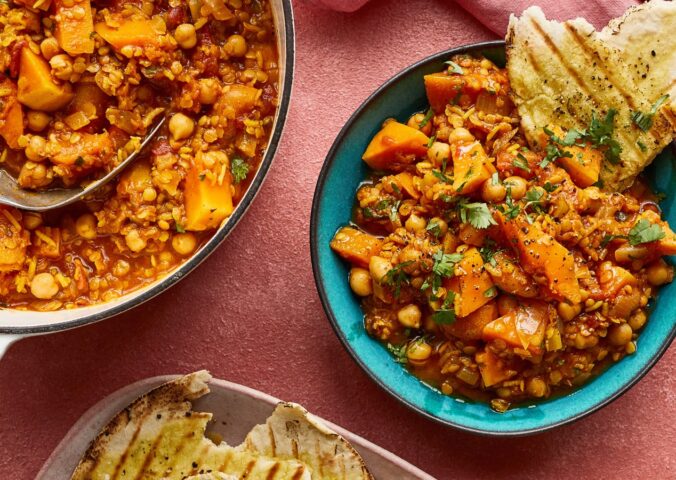squash, lentil, and apricot one-pot stew with chickpeas, spices, and basmati rice for nourishing one pot meals