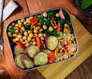 sweet potato, chickpea and baby spinach lunch box