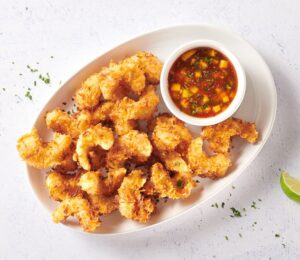 Photo shows a plate of vegan shrimp from Bayou Best Foods